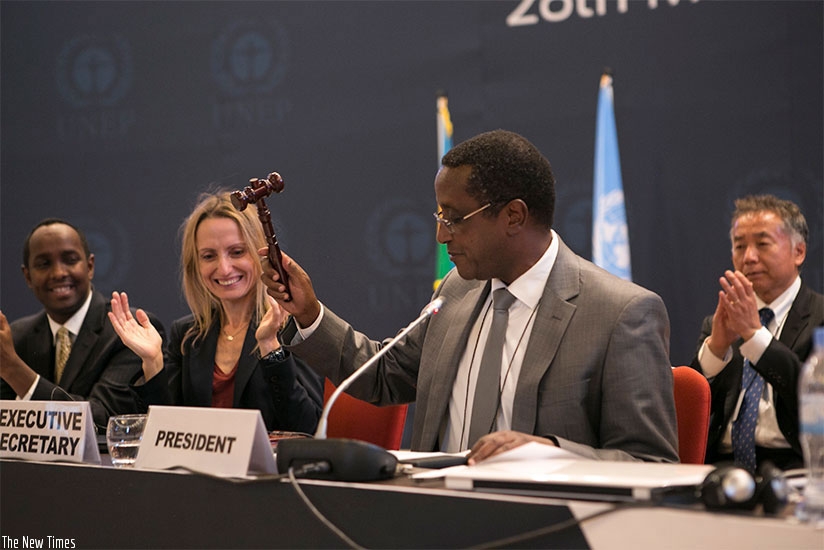 Dr Biruta gavels to symbolise the closing of the deal as parties agree on the Kigali Amendment in Kigali in 2016. File. 