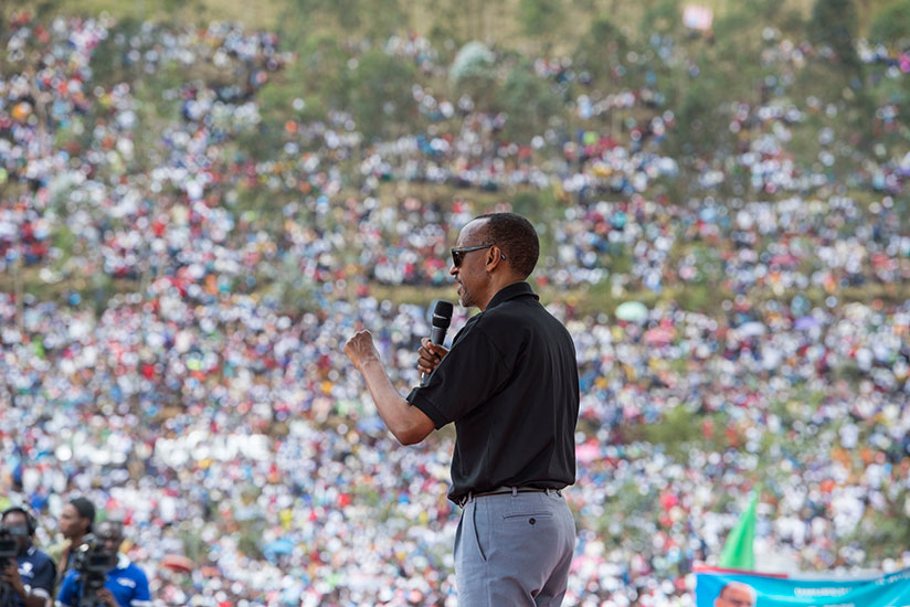 RPF-Inkotanyi's presidential candidate Paul Kagame addresses over 150,000 supporters at the campaign rally in Rulindo District yesterday. Courtesy.