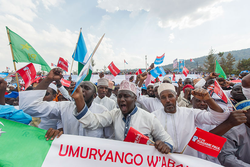 Thousands of Rwandans from all walks of life cheer during RPF-Inkotanyi's presidential candidate Paul Kagame's rally in Nyarugenge on Thursday. / Courtesy