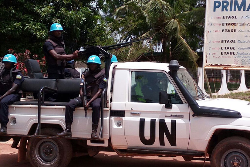 Rwandan Police peacekeepers on patrol in CAR.