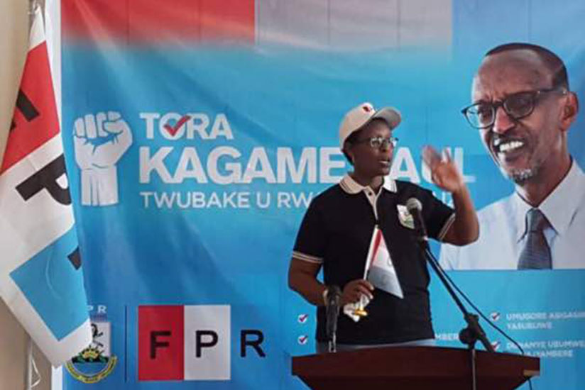 Rwanda's Ambassador to Ethiopia, Hope Tumukunde addresses participants during the event that rallied support for President Paul Kagame, the RPF flag bearer in the forthcoming presi....