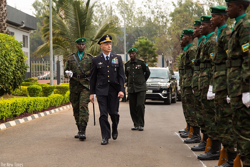Rwanda Defence Forces mount a guard of honour for Italian Air Force Chief of Staff, Lt Gen Enzo Vecciarelli, in Kigali yesterday. Gen Vecciarelli is in the country on a three-day v....