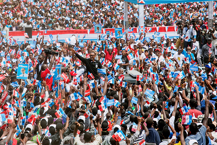 RPF-Inkotanyi presidential candidate Paul Kagame arrives for a rally in Musanze District where he addressed more than 100,000 supporters yesterday. Courtesy.