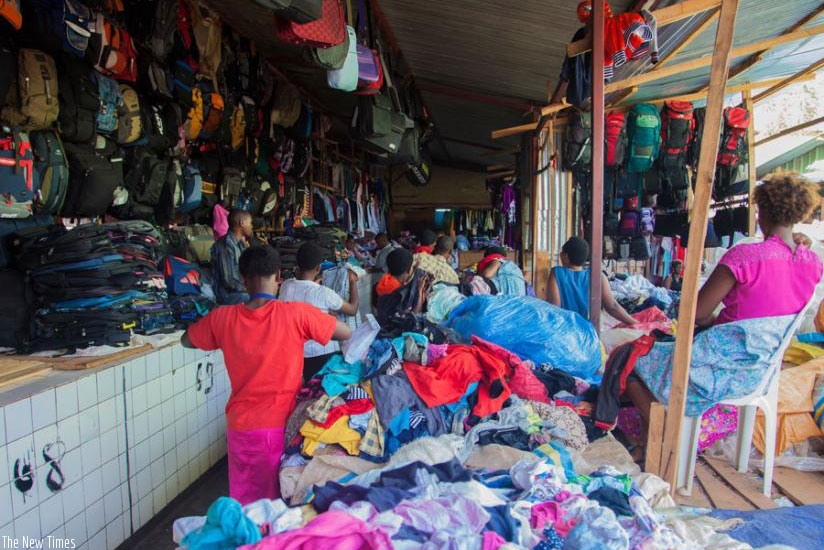 Second hand clothes and bags on display in Biryogo market, Kigali. File.