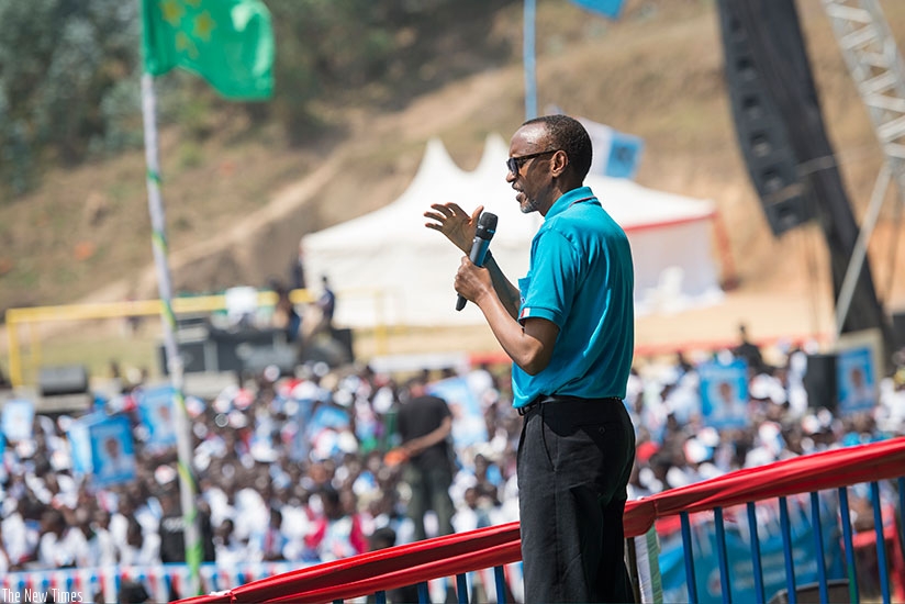 RPF-Inkotanyi flag bearer and incumbent President Paul Kagame campaigns in Rutsiro District yesterday. Kagame told RPF supporters at his rally that better days are ahead for Rwanda....