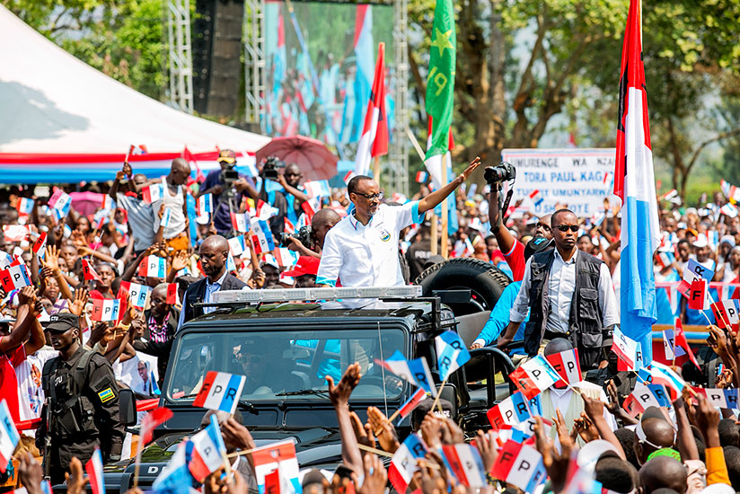 Kagame waves at thousands of supporters in Rusizi District where he held two rallies yesterday. / Courtesy