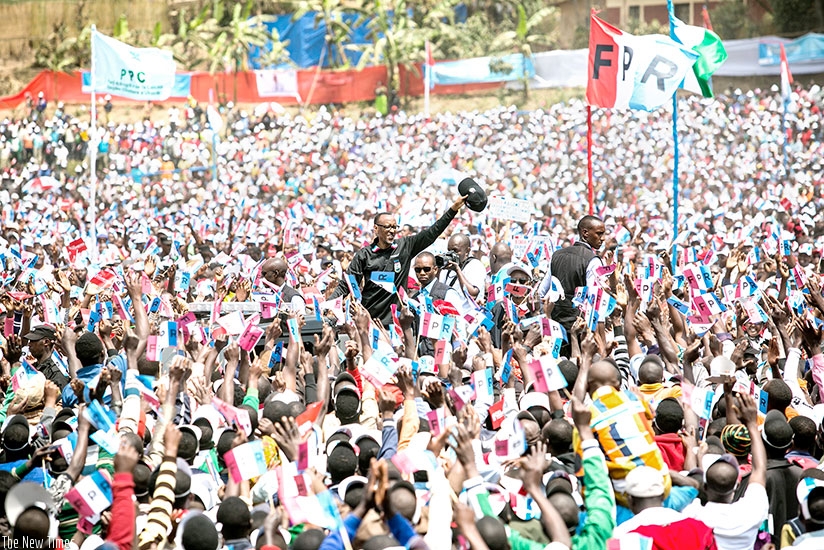 Candidate Kagame arrives to address some 250,000 RPF-Inkotanyi supporters in Kirambo, Burera District, yesterday. The RPF flag bearer also campaigned in Gakenke District, also in N....