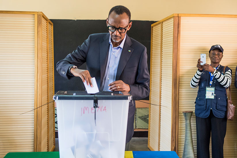 Kagame casts his vote at APE Rugunga School polling station in Nyarugenge District on Friday. The incumbent President garnered 98.66 per cent from 80 per cent of the votes counted ....