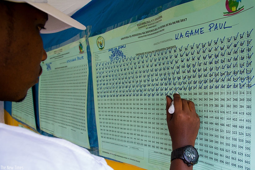 A polling agent counts votes at Petit Stade Remera. Timothy Kisambira.