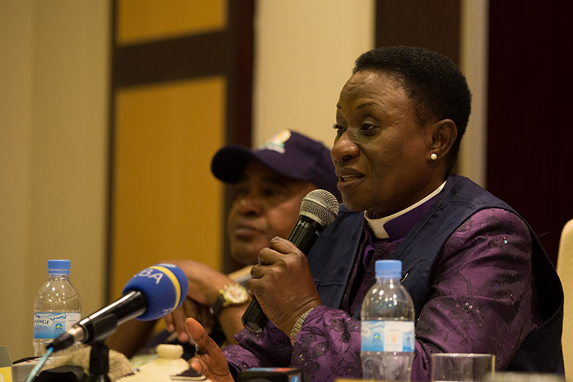Bishop Mary Nkosi, the head of the COMESA elections observer mission, speaks to the media in Kigali, yesterday. Incumbent President Paul Kagame won Friday's vote by 98.63 per cent ....