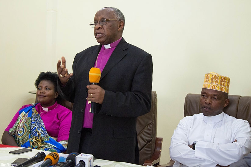 Bishop Rucyahana addresses journalists about the role of religious leaders in instilling civic responsibility among the faithful in Kigali yesterday. Nadege K. Imbabazi.