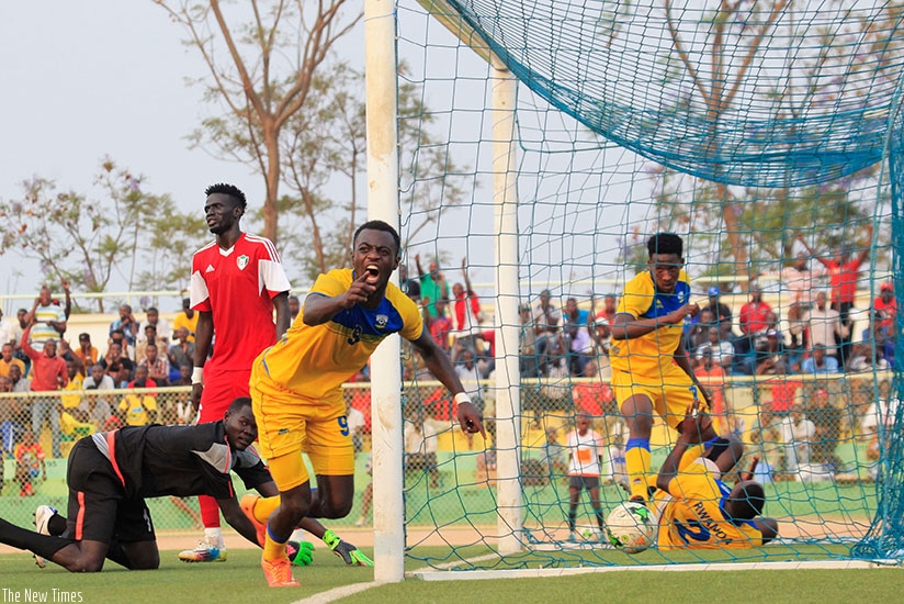Mubumbyi celebrates Amavubi's second goal during the friendly match against Sudan at Kigali Stadium yesterday. Sam. Ngendahimana.