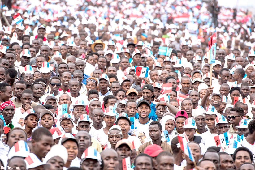 RPF supporters during President Kagame's final campaign rally, on August 2, in Gasabo District. File