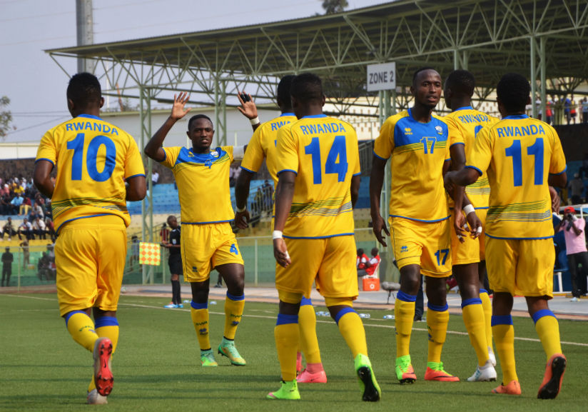 Amavubi players celebrate a goal. The team has moved up by 8 places from 127th to 119th in the latest FIFA world rankings. / Sam Ngendahimana