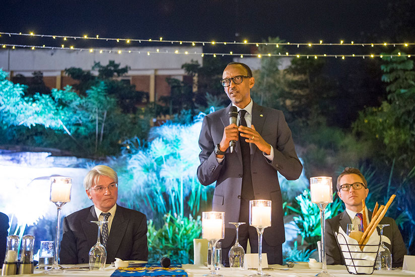President Kagame speaks during the Umubano Project 10th Anniversary Dinner on Friday evening at Marriott Hotel. On his right is former British International Development Secretary A....