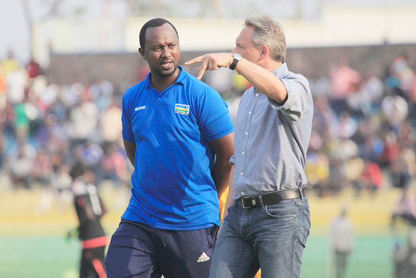 Amavubi head coach Antoine Hey and his assistant Vincent Mashami will have their hands full against Uganda in the second leg. Rwanda lost 3-0 on Saturday in Kampala. / Sam Ngendahimana
