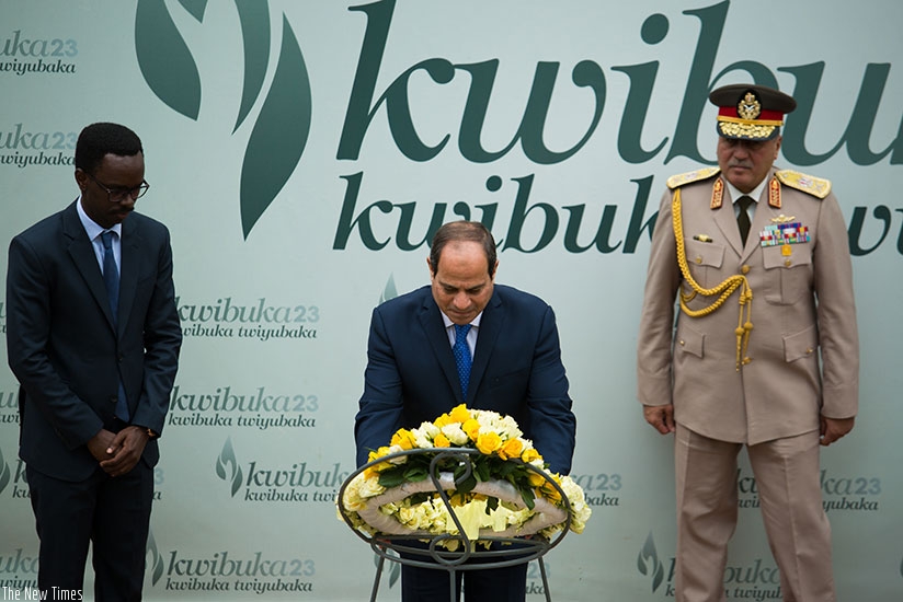 President El-Sisi lays a wreath on the mass grave at Gisozi memorial. TKisambira. 