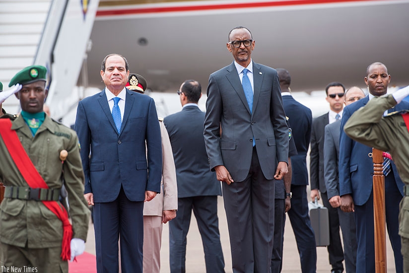 President Paul Kagame and his Egyptian counterpart, President Abdel Fattah al-Sisi at Kigali International Airport, yesterday. The two heads of state held bilateral talks in which ....