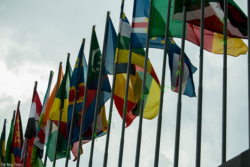 Flags of  African countries and organisations whose leaders attended Kagameu2019s inaugration, hoisted at Kigali International Airport yesterday. Timothy Kisambira.