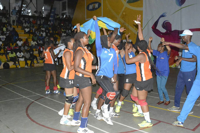 Rwanda national league champions RRA celebrate after beating Ugandau2019s Vision VC 3-1 to lift the title. P. Kamasa.