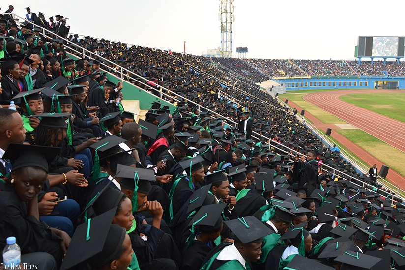 University of Rwanda graduands follow the proceedings of the graduation ceremony at Amahoro National Stadium yesterday. A total of 8,366 students, 3,251 of them women, were conferr....