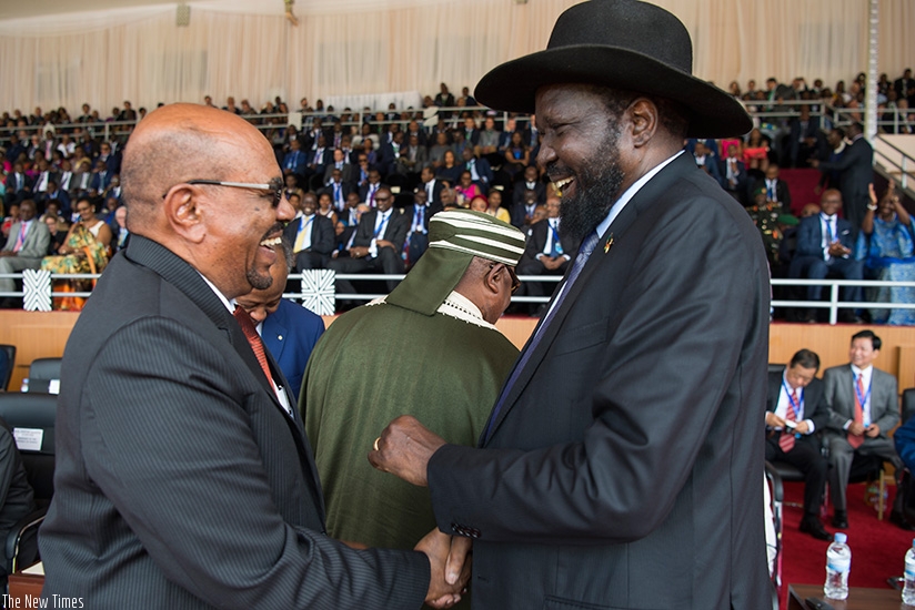 President Al-Bashir of Sudan and his South Sudanese counterpart  Salva Kiir during the inauguration ceremony in Kigali last week. Courtesy.
