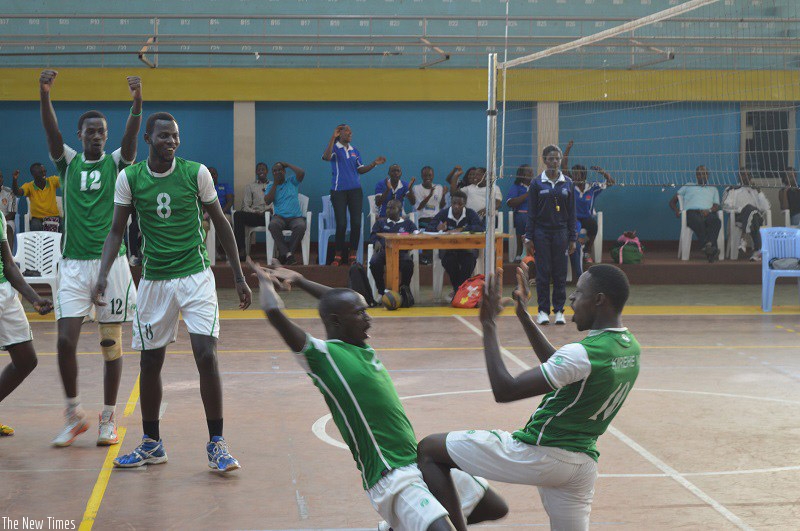 Kirehe players cerebrate the win over APR during last season match. / Damas Sikubwabo