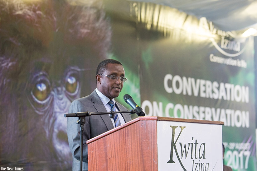 Dr Vincent Biruta, the minister for natural resources, addresses the Conservation on Conservation forum in Kigali yesterday. Conservationists and wildlife activists at the two-day ....