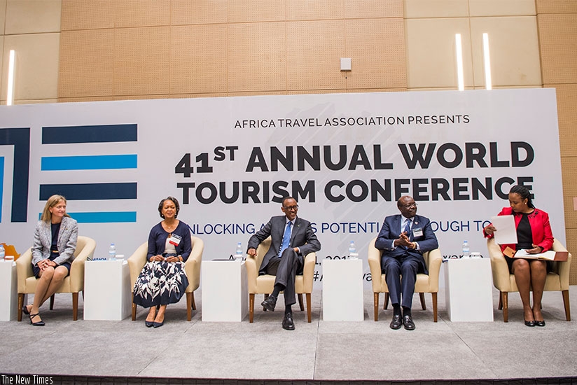 President Kagame with top officials at the Annual World Tourism Conference in Kigali yesterday. Left-right; US Ambassador to Rwanda Erica Barks-Ruggles,  Florizelle Liser, the CEO ....