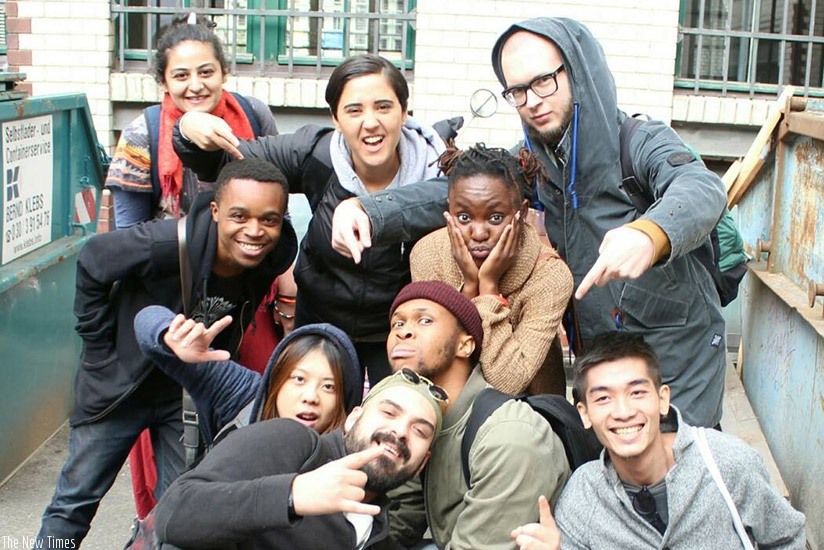 Deo Munyakazi (left, in a black jacket) strikes a pose with other artistes at the Pop-Kultur Festival in Berlin, Germany. Courtesy. 