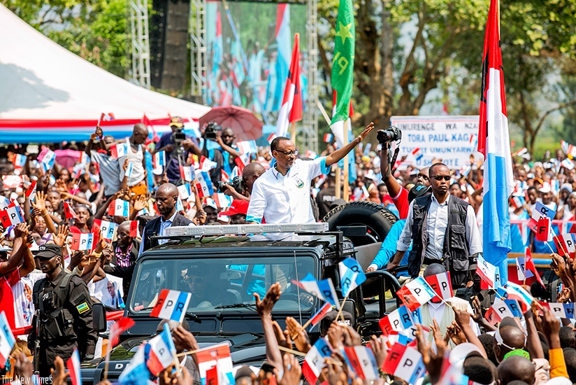 President Paul Kagame waves at thousands of supporters in Rusizi District where he held two rallies during the recent campaigns. File.