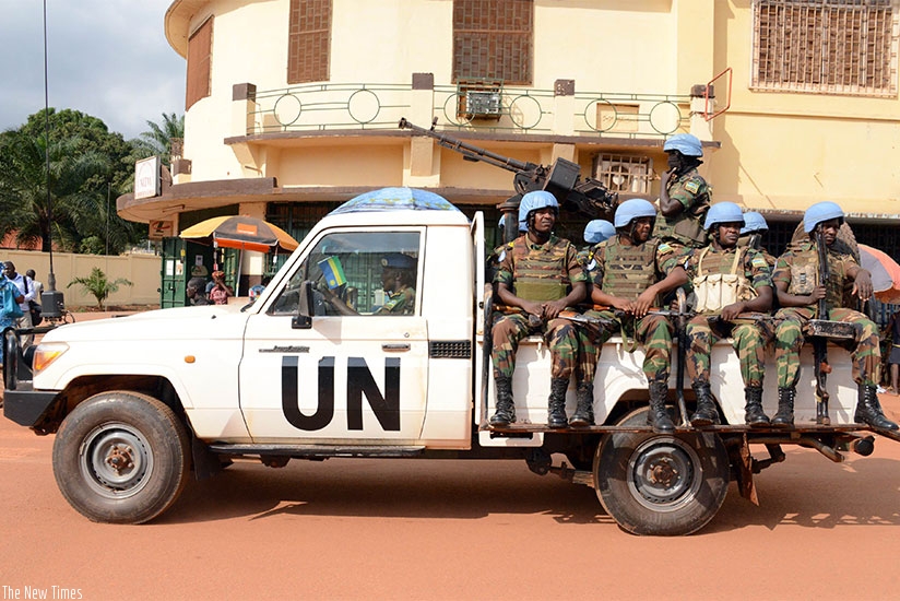 Rwandan peacekeeping soldiers during a patrol in Bangui, Central African Republic. File.
