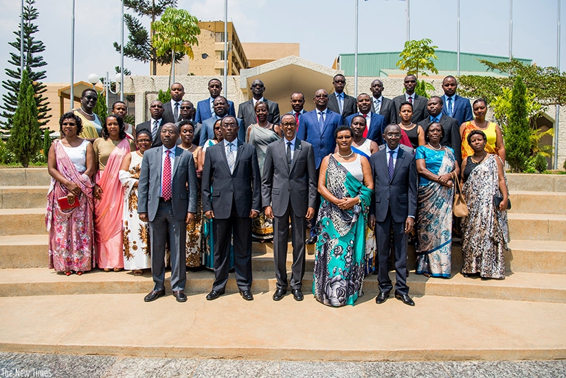 President Kagame and members of the Cabinet sworn in yesterday. Front row besides the President are left to right; Prime Minister Edouard Ngirente, Senate president Bernard Makuza,....