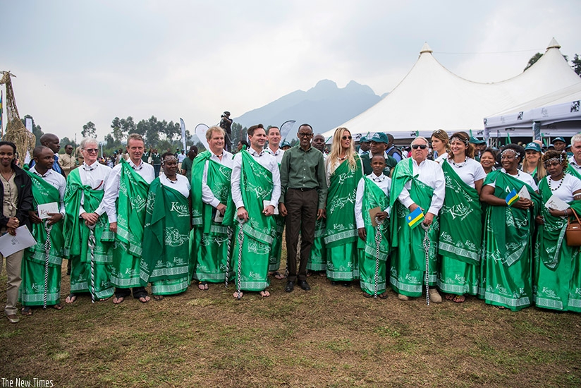 President Kagame with the guests that named the baby gorillas during the Kwita Izina celebrations in Musanze, yesterday. Courtesy. 