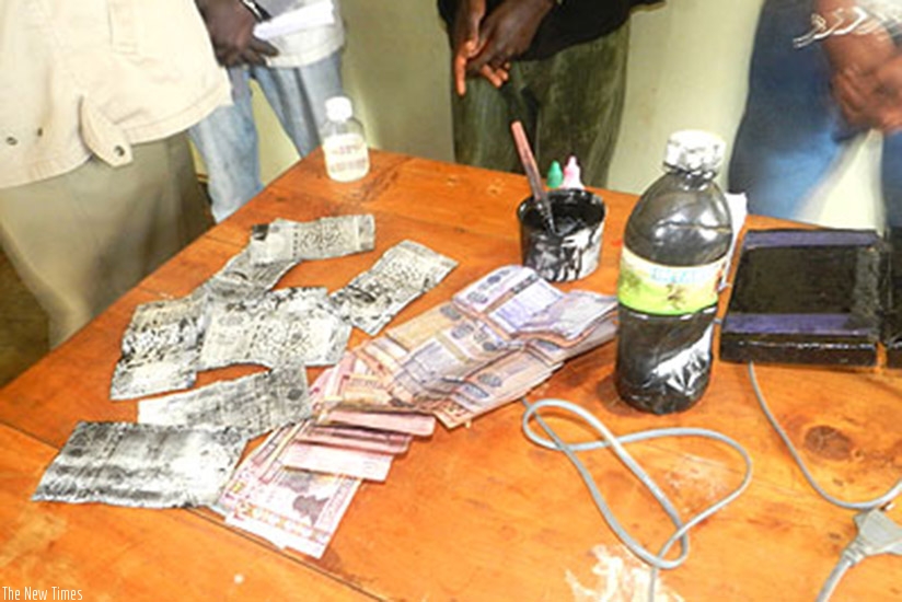 Some of the products used to make counterfeit money that were seized in a past operation in Kigali.  File