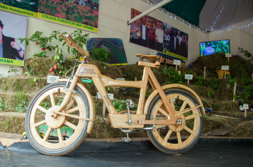 A wooden bicycle a new product by Sina Gerard was showcased and demonstrated to hundreds of people attending the 20th Kigali International Expo at Gikondo ground. / Frederick Byumvuhore