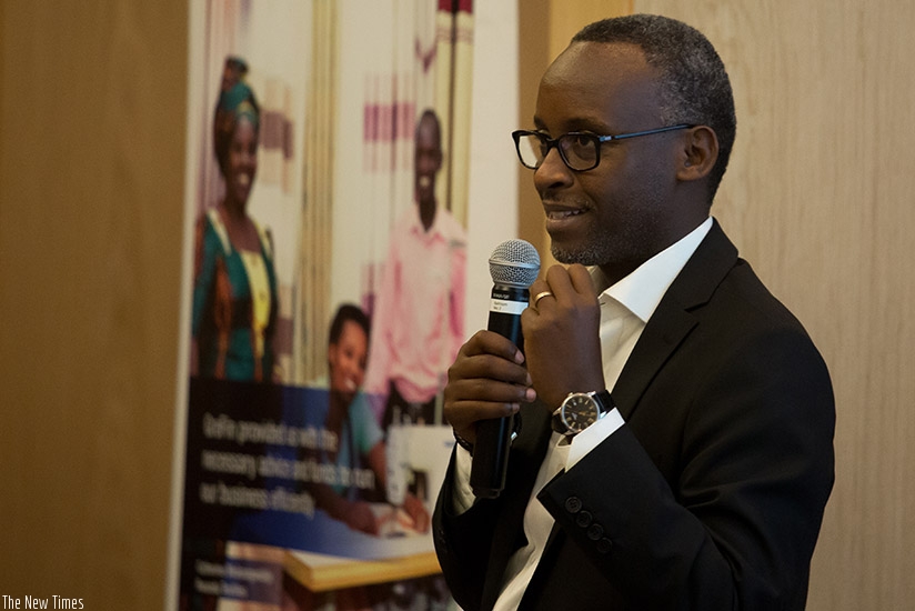 Bugabo speaks to manufacturers at Marriot Hotel in Kigali last week. T. Kisambira..