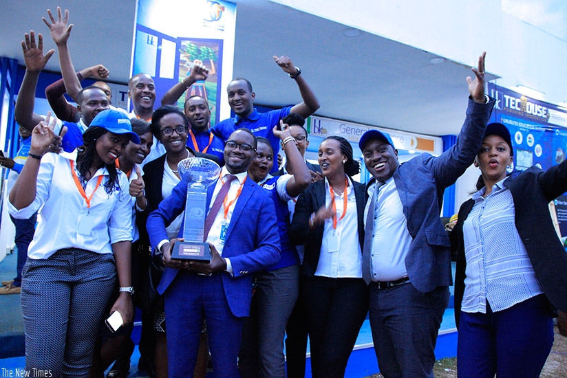 Bank of Kigali chief executive Diane Karusisi joined the staff to celebrate topping the 2017 Rwanda International Trade Fair in Kigali yesterday. Bank of Kigali emerged the Best ov....