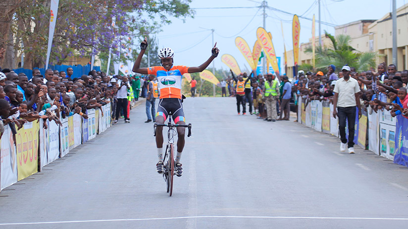 Cycling Club for All rider Mathieu Twizerana celebrates his solo finish in Central Challenge race on Saturday. / Sam Ngendahimana