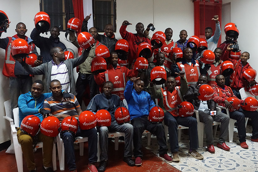 Some of the YegoMoto riders pose for a group photo after training in Kigali. / Julius Bizimungu
