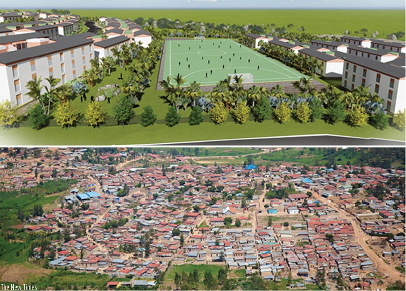 An artistic impression of the newly planned settlement in Busanza (top) in Kanombe Sector, Kicukiro District where the people who will be relocated from Kangondo neighborhood (bott....