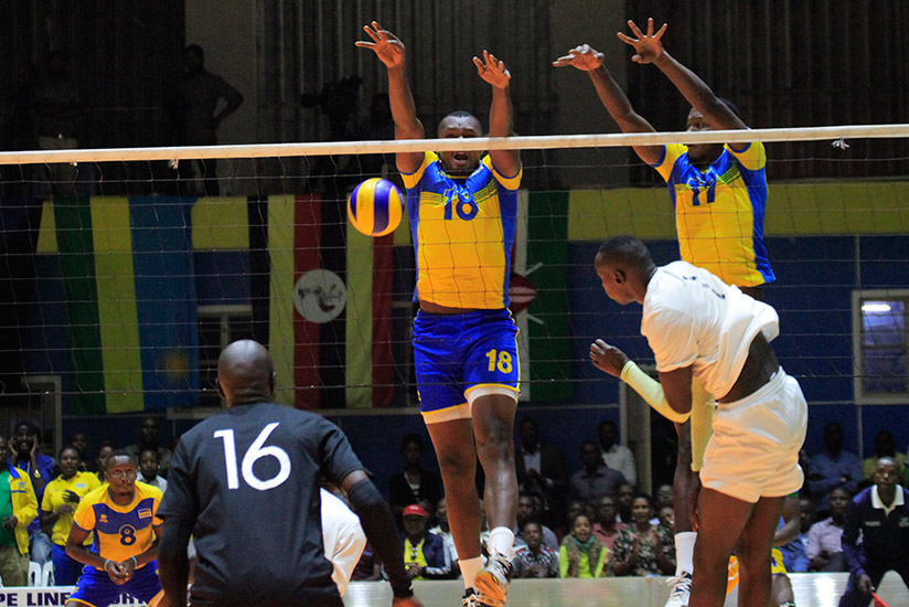 National men's volleyball team in action against Kenya during Zone V championship at Amahoro indoor Stadium in July. / Sam Ngendahimana