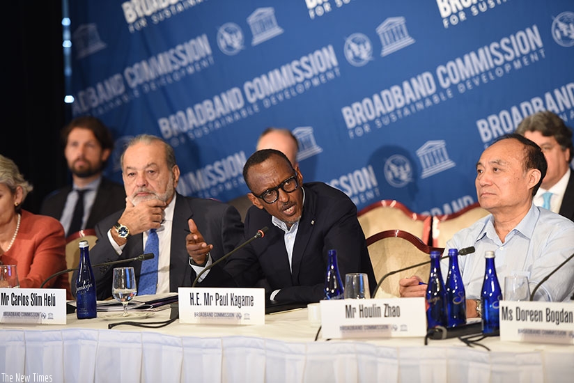 President Kagame (C) co-chairing the Broadband Commission for Sustainable Development, yesterday, at Yale Club in New York, US. Left is Carlos Slim Helu, co-chair of the Commission....