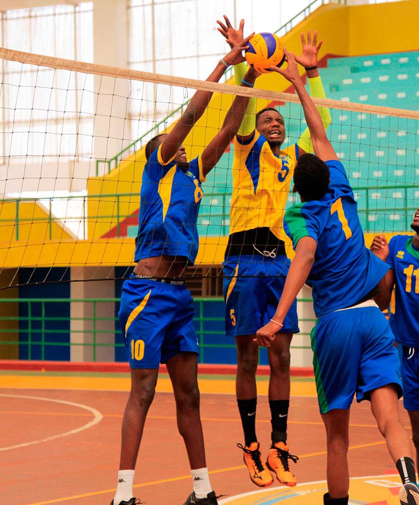 Rwanda senior men's national volleyball team players in training at Amahoro Indoor Stadium. / Sam Ngendahimana