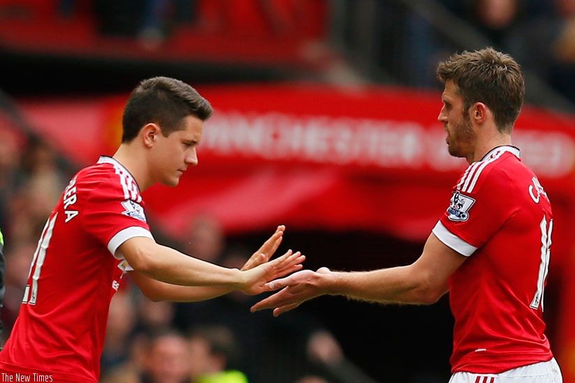 Manchester United's Ander Herrera comes on as a substitute for Michael Carrick. Net photo