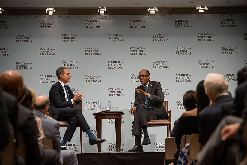 President Kagame speaks at the session hosted by the Council on Foreign Affairs in New York on Tuesday. Looking on, left, is Rick Stengel, an American author and journalist, who mo....