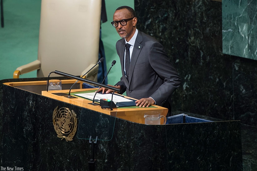 President Kagame addresses the UN General Assembly in New York, US, yesterday. (Village Urugwiro)