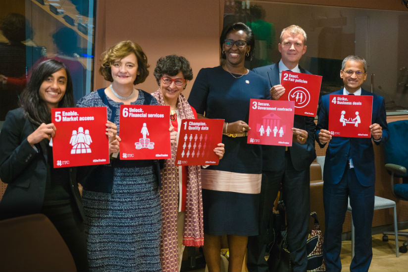 First Lady Jeannette Kagame is joined by ITC Executive Director Arancha Gonzalez, as well as SheTrades supporters during the event held yesterday. / Courtesy