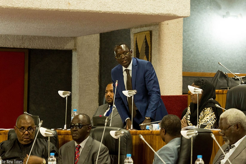 Ngoga speaks during EALA session in Kigali last year. File.