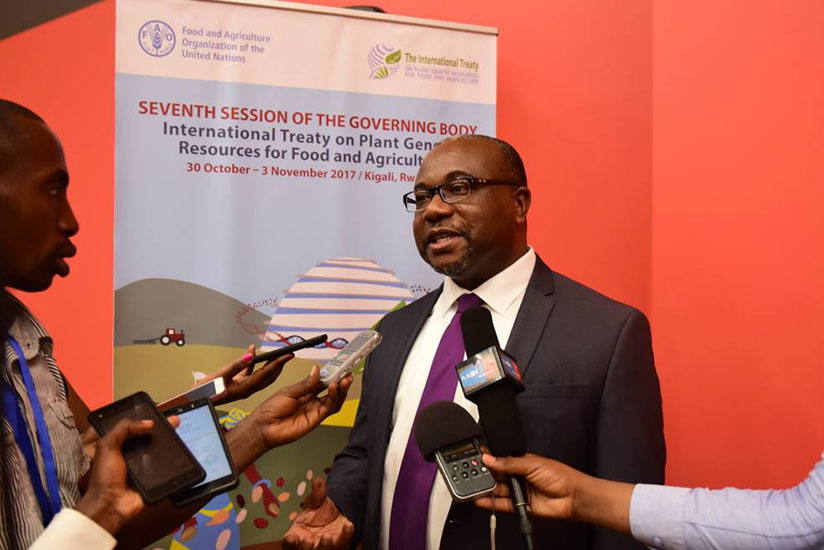 Kent Nnadozie, Acting Secretary of International Treaty on Plant Genetic Resources for Food and Agriculture, speaking to journalists during the regional workshop on plant genetic r....